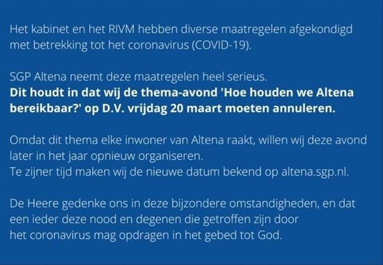 Annulering: Thema-avond D.V. 20 maart 2020