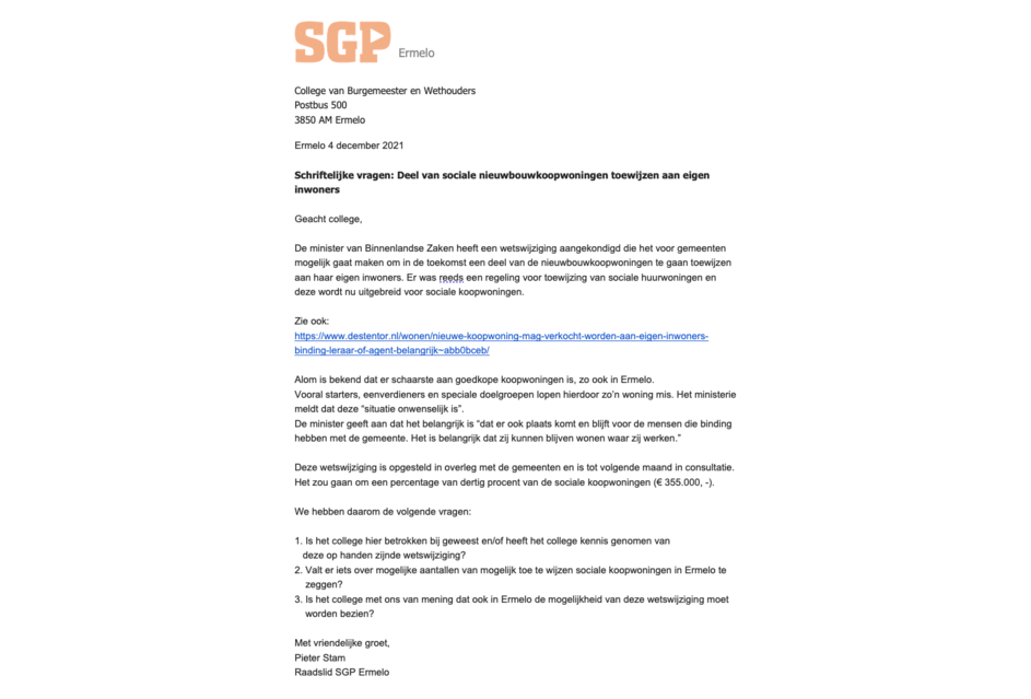 Schriftelijke vragen: Deel van sociale nieuwbouwkoopwoningen toewijzen aan eigen inwoners