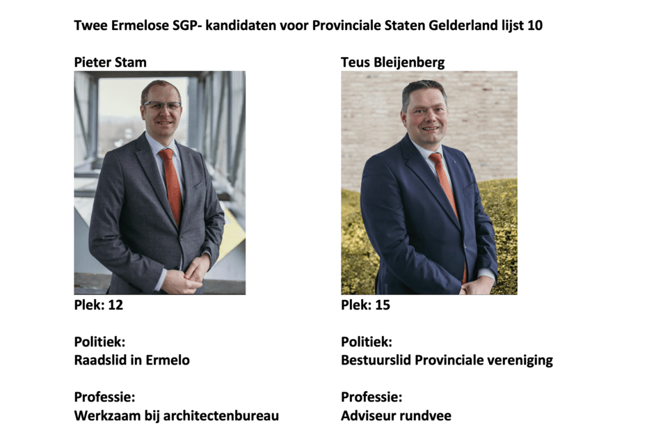 Twee Ermelose SGP-kandidaten voor Provinciale staten Gelderland Lijst 10