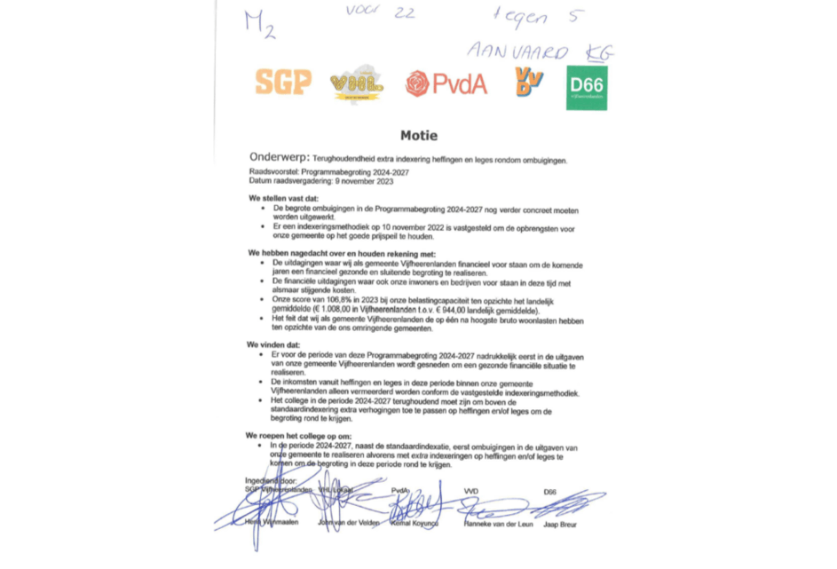 De SGP Vijfheerenlanden roept het college op tot terughoudendheid met  lastenverzwaring van bedrijven en burgers. De opgestelde motie is met ruime meerderheid aangenomen!