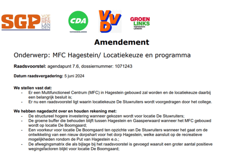 Amandement locatie en programma MFC Hagestein aangenomen