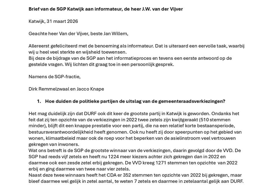 SGP Katwijk maakt coalitiebrief openbaar en zet in op transparant proces