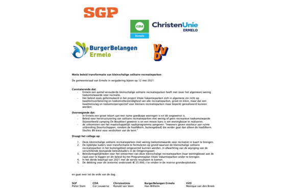 Motie beleid transformatie van kleinschalige solitaire recreatieparken 