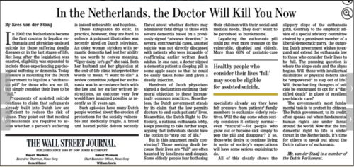 SGP waarschuwt in The Wall Street Journal tegen euthanasiebeleid